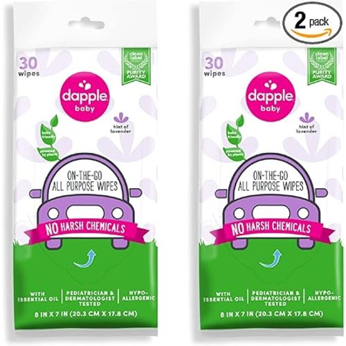 Dapple Baby All Purpose Wipes, Hypoallergenic & Powered by Plants Cleaning Wipes, Hint of Lavender, 30 Count (Pack of 2)