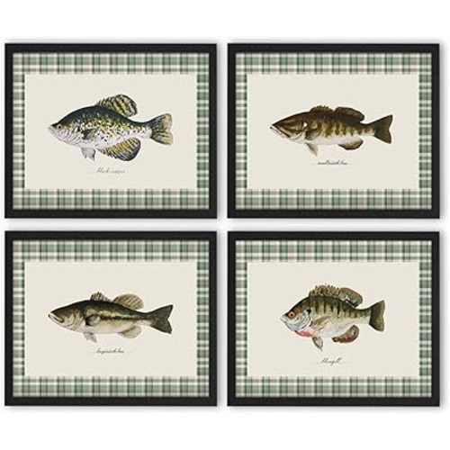 NaZaUK Vintage Fishing Wall Art Prints, Rustic Fish Canvas Wall Art Decor, Lake House Decor, Vintage Nursery Decor, Farmhouse Poster Artwork for Kitchen Bedroom, 8x10 Inches Set of 4 Unframed