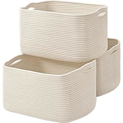 Large Storage Baskets for Organizing Shelves, Woven Cotton Rope Bins for Baby Nursery Organization, Book Toy Towel Organizer, 17"x13"x9.5", 3 Packs, Off White