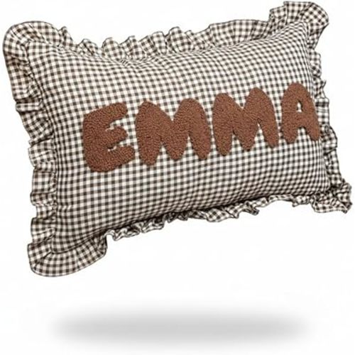 Personalized Frilly Punch Needle Name Throw Pillow – Custom Embroidered Gingham Fabric for Baby Nursery or Kids’ Room – Handmade Ruffled Lumbar Decor – Keepsake Gift for First Birthday or Newborn