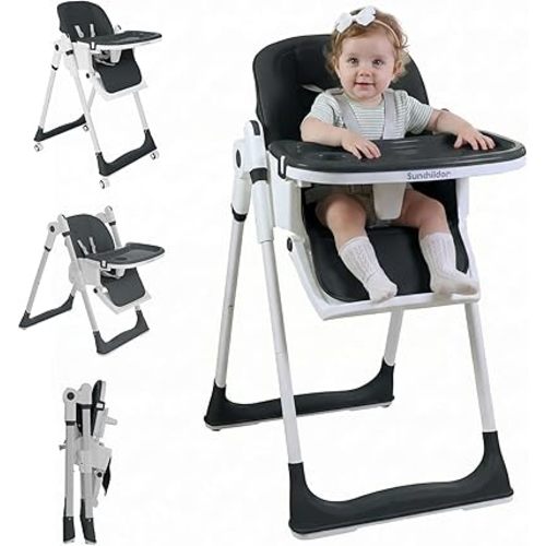 Sunchild 3-in-1 Baby High Chair with Wheels, 5-Point Harness, Tray, Footrest, and Backrest, Foldable and Adjustable for Toddlers 6-36 Months, Black