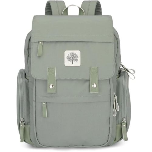 Parker Baby Diaper Backpack - Large Diaper Bag with Insulated Pockets, Stroller Straps and Changing Pad -"Birch Bag" - Sage Green