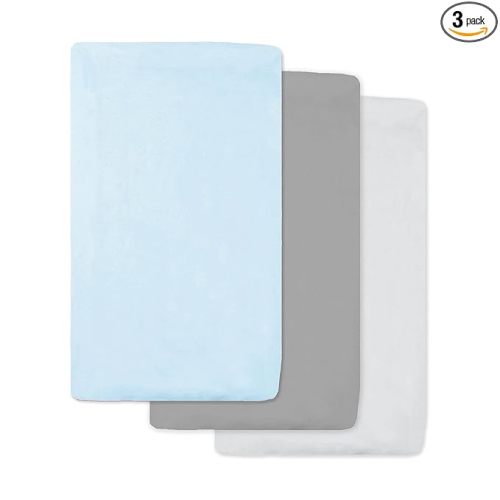 American Baby Company 3 Pack 100% Natural Cotton Fitted Cradle/Bassinet Sheets 36" x 18" - Soft, Breathable & Hypoallergenic Bed Sheets, Blue/Gray/White, Neutral for Boys & Girls
