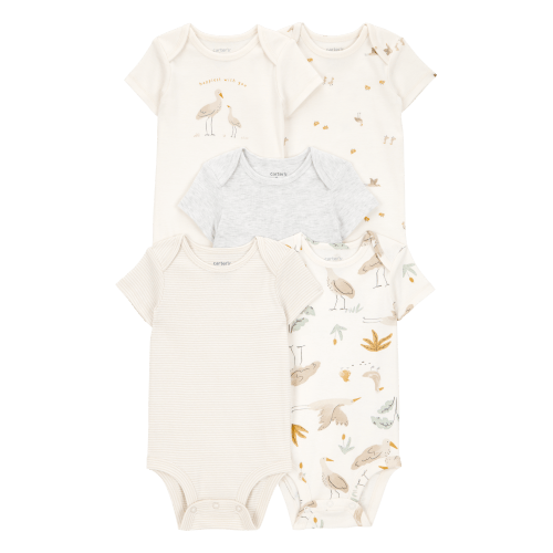 Baby 5-Pack Striped Birds Short-Sleeve Cotton Bodysuits - Ivory
