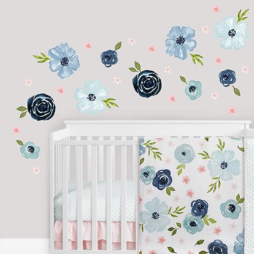 Sweet Jojo Designs Blue Watercolor Floral Large Peel and Stick Wall Decal Stickers Art Nursery Decor Mural - Set of 4 Sheets - Blush Pink Navy Green and White Shabby Chic Rose Flower Farmhouse Boho
