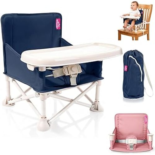Portable Baby Chair, Baby Beach Chair with 2-Pack Interchangeable Seat Covers, Portable Booster Seat with Tray & Travel Bag, Compact Foldable, Easy-Swap Colors, Perfect for Travel