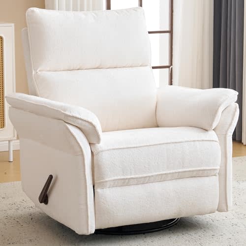 Oversized Rocking Chair Nursery with Adjustable Headrest, 26" Extra Wide Glider Recliner Nursery Chair for Nursery, 360° Swivel Rocker Recliner with Overstuffed Armrest, White