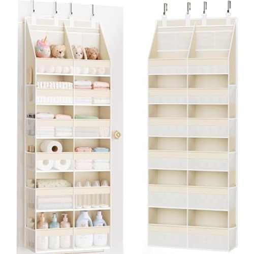 Over the Door Organizer, Extra Large 12 Compartments Closet Hanging Storage with 14 Mesh Pockets, 85lbs Capacity Behind the Door Storage for Baby Nursery, Bathroom, Bedroom, and Dorm, Beige
