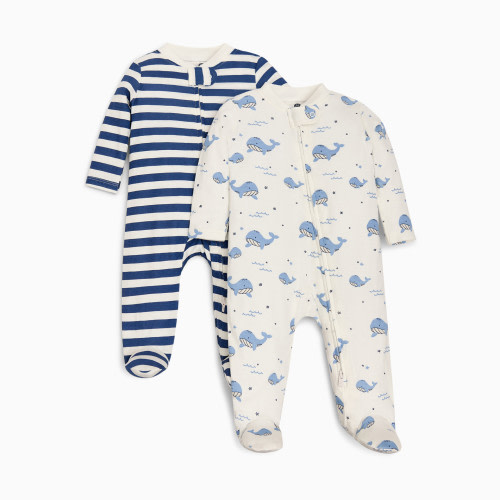 Small Story Organic Cotton 2-Way Zip Footie (2 Pack) - Blue Whale & Stripe, 3-6 M