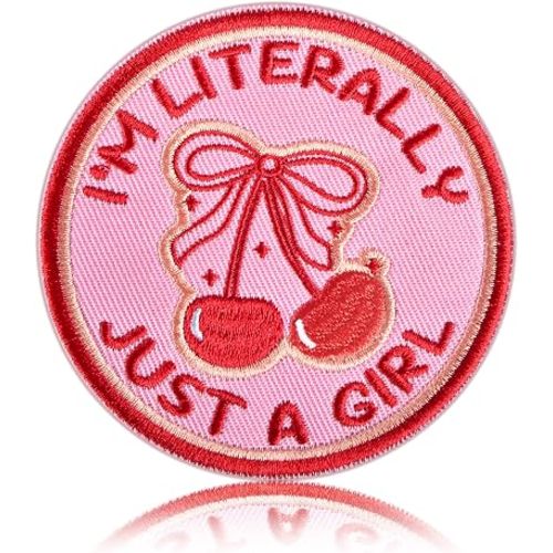 I'm Literally Just A Girl 3" Pink Cherry Embroidered Funny Hook and Loop Backing Red Cherry Bow Morale Patch for Backpacks, Hats, Bags, Dog Harness, Vests, Patch Wall (Hook and Loop, Pink, 3in)