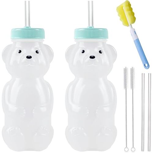 Honey Bear Straw Cups, Juice Bear Bottle Drinking Cup Long Straws with 4 Flexible Straws & Cleaning Tools, 8-Ounce Therapy Sippy Bottles for Speech and Feeding Training, Food-Grade & BPA Free 2 Pack