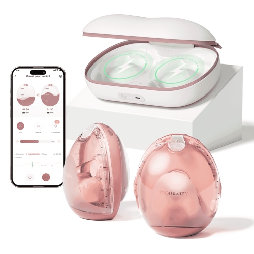 Momcozy Air 1 Hands-Free Wearable Breast Pump with Wireless Charging Case, App Control, Auto Mode, Full-Milk Alert & Transparent Top for Easy Nipple Alignment, Ultra-Slim Portable Design