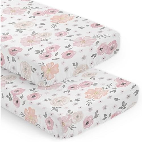 Sweet Jojo Designs 2-Piece Baby Crib Sheets Set (Pink/Grey Boho Floral) for Girls, Infant Nursery, Toddler Room - Standard Size (Blush Rose, Gray, Watercolor, Bohemian, Flower, Farmhouse, Shabby Chic)