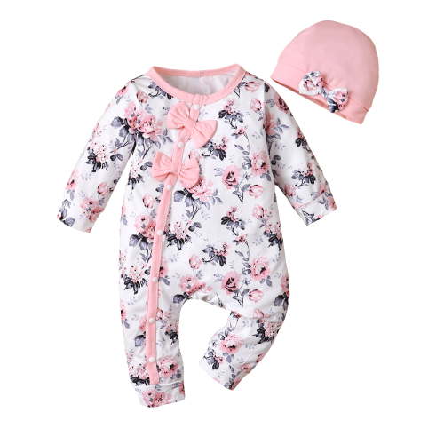 Kucnuzki Newborn Baby Girls Bodysuits 0-3 Months Round Neck Long Sleeves Romper Fall Bowknot Floral Jumpsuits with Hat Pink