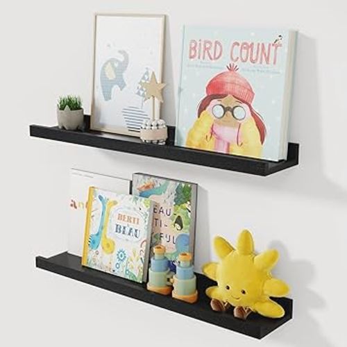 Solid Ash Wood Picture Ledge Shelf, 24 Inch Floating Shelves with Lip Set of 2, Picture Ledge Shelf, Photo Ledge Shelves Nursery Bookshelf Wall Mounted for Living Room Bedroom Decor, Black