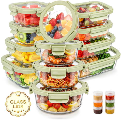 36 Pcs Glass Food Storage Containers with Tempered Lids Set, Borosilicate Oven-Safe(-4°F~950°F), Airtight Meal Prep Lunch Box Containers (18 Containers & 18 Lids), Green