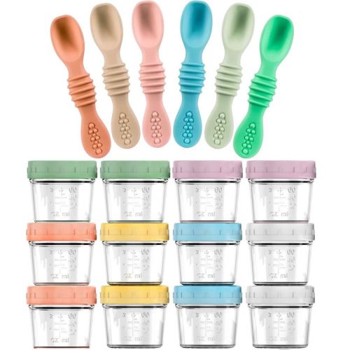 12-Pack Glass Baby Food Storage Jars with Lids, 6-Pack Silicone Baby Self-Feeding Spoons – BPA-Free, Leakproof, Freezer Safe Jars