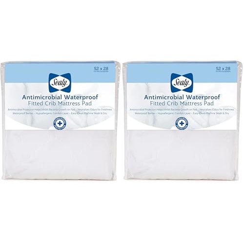 Sealy Baby Antimicrobial Fitted Waterproof Infant Crib Mattress Protector Pad and Toddler Bed Cover, Designed to Neutralize Odors, Machine Washable and Dryer Friendly, 52” x 28”- White (Pack of 2)