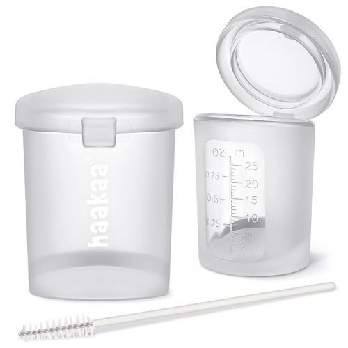 haakaa Silicone Measuring & Feeding Cup 25ml/2pcs(Pre-sterilised), Leakproof & Reusable, 3-in-1 Colostrum Collection Cup for Collect, Store & Feed, Include Cleaning Brush