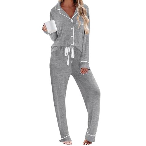 HNG Pajamas For Women Set 2 Piece Pjs Set Long Sleeve Button Up Lounge Set Sleep Wear With Pockets