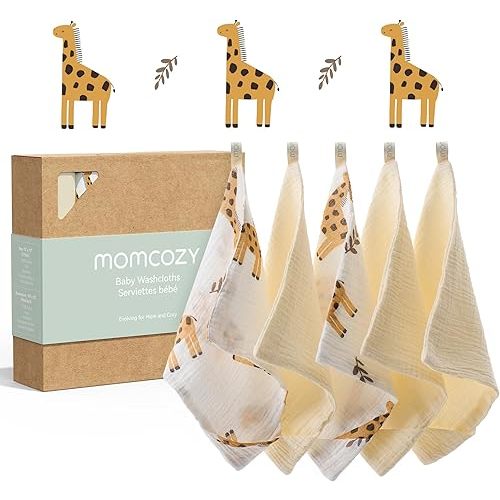 Momcozy Baby Washcloths - 4 Layer Design| Medium Thickness| Soft & Absorbent| Premium Cotton for Newborns'Skin-Great for Bathing, Wiping & on-the-go Use, Shower Gift and Essential(5 Pack, 10x10 inch)