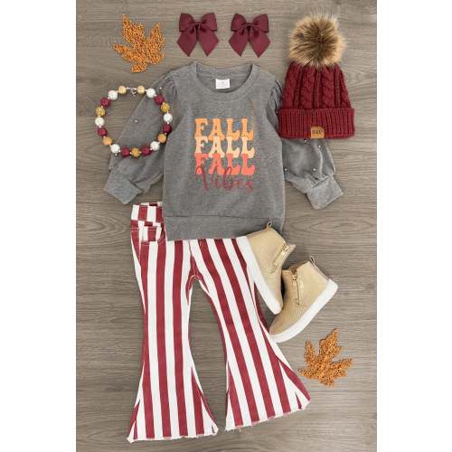 "Fall Vibes" Burgundy Striped Bell Bottom Set