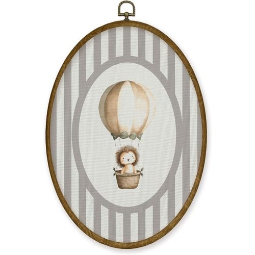 JMENGSSFL Hot Air Balloon Nursery Lion Oval Wall Art Decor, Wild Animal Nursery Canvas Prints, Neutral Playroom Framed Wall Art for Kids Toddler Boy Girl Nursery Room Bedroom Decor, 8.6x11.4 Inch
