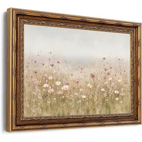 Vintage Gold Framed Pink Wildflower Meadow Landscape Wall Art, 12x16 Inch