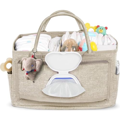 Diaper Caddy with Wipe Dispenser One-Handed Access, Beige