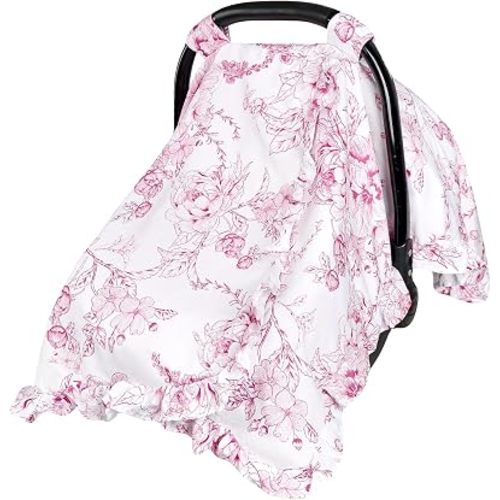 DILIMI Baby Car Seat Cover, Ruffled Car Seat Covers for Babies, Peekaboo Opening Infant Car Seat Cover, Minky Carseat Canopy, Pink Floral