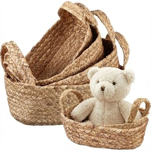 5 Pcs Natural Water Hyacinth Woven Storage Baskets Set with Handles Wicker Storage Basket for Organizing Hand for Shelves Bathroom Towels Toys Bedroom Decor Baskets for Gifts Empty