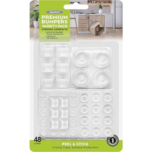 Slipstick Premium Adhesive Clear Bumper Pads 48 Piece Variety Pack, Round and Square Rubber Feet for Electronics, Cutting Boards, Cabinet Stoppers, Drawers, Furniture, Noise Damper Surface Protectors