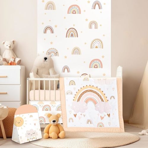 Hahafelt 4 Pieces Baby Crib Bedding Set for Girls and Boys, Soft Baby Bedding Set Including Crib Skirt, Comforter, Sheet and Diaper Stacker for Nursery(Bohemian Rainbow)