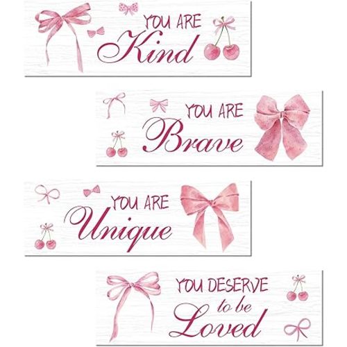 4 Pcs Pink Bow Motivational Sign Set, Positive Affirmations Wooden Coquette Wall Art Decor, Inspirational Boho Bow Decor, Perfect for Girls Bedroom, Bathroom, Living Room