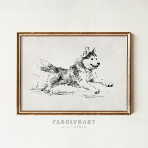 Husky with Zoomies Print, Vintage Running Dog Sketch Painting,  Dog Mom Gift