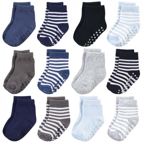 Touched by Nature Baby and Toddler Boy Organic Cotton Socks with Non-Skid Gripper for Fall Resistance, Blue, 12-24 Months