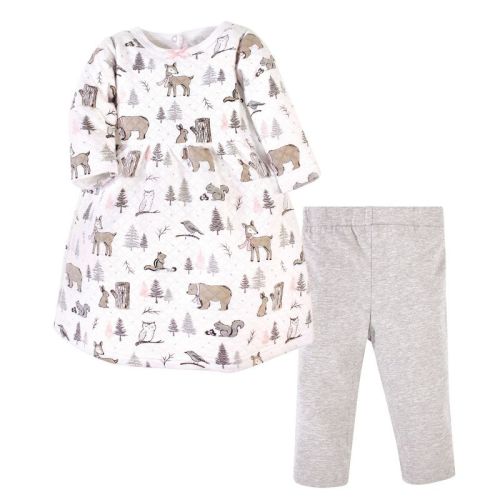 Hudson Baby Infant and Toddler Girl Quilted Cotton Long-Sleeve Dress and Leggings 2pc Set, Winter Forest, 0-3 Months