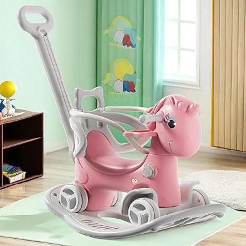 Rocking Horse for Toddlers 1-3 Years,4 in 1 Design, Kids Ride on Toy Balance Bike Push Cart with Detachable Balance Board,Fun Birthday Gifts-Pink