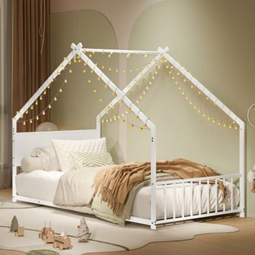 Twin Size Kid House Bed Metal Platform Bed Frame Toddler Bed with Colorful Lights, White - ModernLuxe