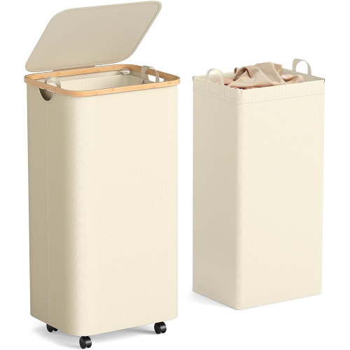 LazySpin 100L Laundry Basket with Wheels and Lid, Beige