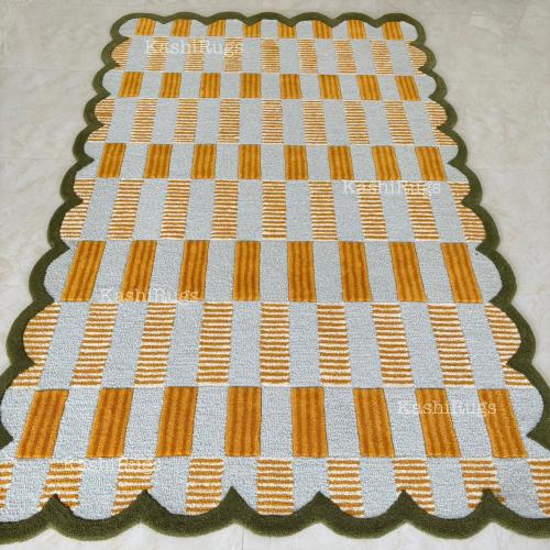 Scalloped Edge Hand Tufted Rug – Modern Striped & Plaid Carpet, Blue and Green Contemporary Area Rug for Living Room, Bedroom, or Office....