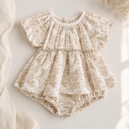 Beige Floral Baby Romper, Ruffle Sleeve Bubble Outfit