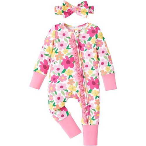 PATPAT Baby Girl Boy Footie Clothes, Soft Viscose from Bamboo, 2-Way Ruffled Zipper, Fold-Over Mittens & Cuffs with Headband