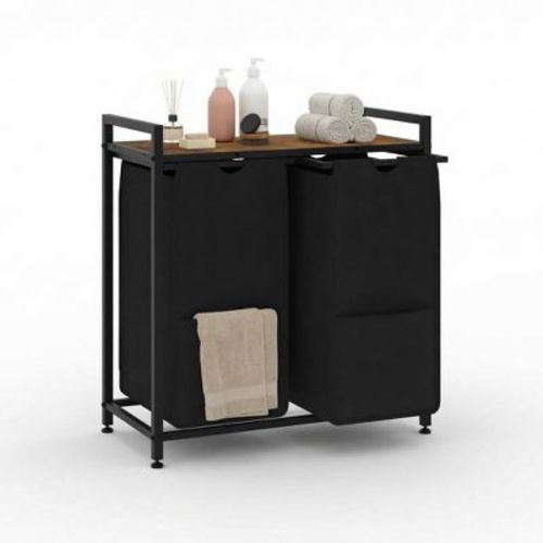 2-Section Laundry Hamper Organizer with Shelf, 97L Freestanding Laundry Sorter with 2 Pull-Out Oxford Bags, Iron & MDF, Black