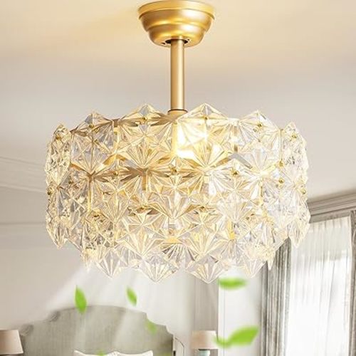 20 Inch Gold Crystal Fandelier Ceiling Fan with Light, Mid Century Gold Fandelier Ceiling Fans with Lights Remote Control, Caged with 6 Speeds for Bedroom, Nursery, Living Room(US-FS-SJ01)