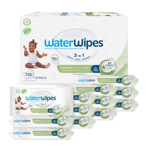 WaterWipes Sensitive+ Baby & Toddler Wipes, 3-In-1 Cleans, Cares, Protects, 99.9% Water, Textured Clean, Unscented & Hypoallergenic, 720 Count (12 Packs)