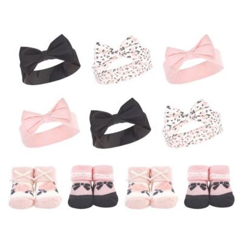 Hudson Baby Infant Girl 10Pc Headband and Socks Set, Berry Floral, 0-9 Months