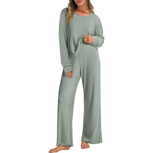 ANRABESS Women 2 Piece Lounge Pajamas Sets Casual Ribbed Knit Long Sleeve Top Pants Matching Set 2025 Fall Outfits Clothes