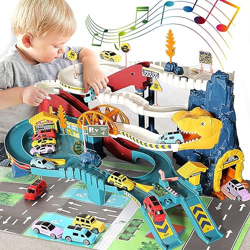 Toy Car Ramp Track Dinosaur Climbing Hills and Lifting Parking Lot with 8 Mini Racer Cars, Christmas & Birthday Toy Gift for Kids 3 4 5 6 7 8 9 Years Old(Dinosaur Mountain Track+ 4 Cars)