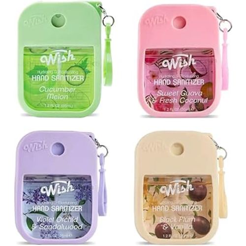 Wish Hand Sanitizer Spary Travel Size Spray 4-Piece 1.2 FL OZ (35ML) Each, Black Plum vanilla, Violet orchid sandalwood, Sweet Guava Fresh Coconut, Cucumber Melon, Hydrating and Moisturizing,(4 pack)